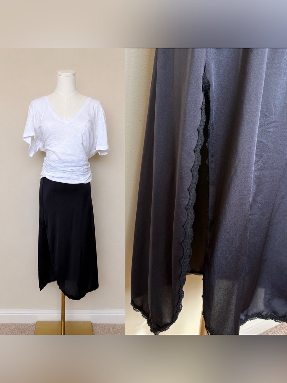 Satin Lace Black Slip Midi Length Lingerie Skirt Goth Dark Academia Y2K Mid Size